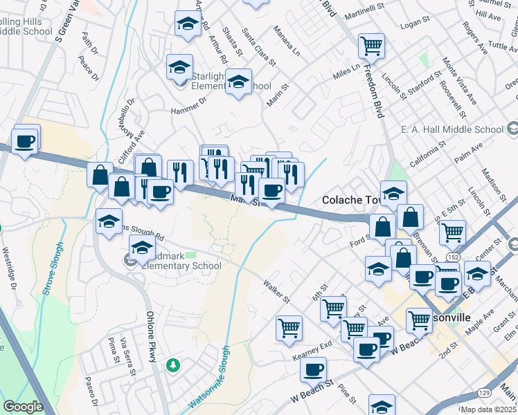 map of restaurants, bars, coffee shops, grocery stores, and more near 1275 Main Street in Watsonville