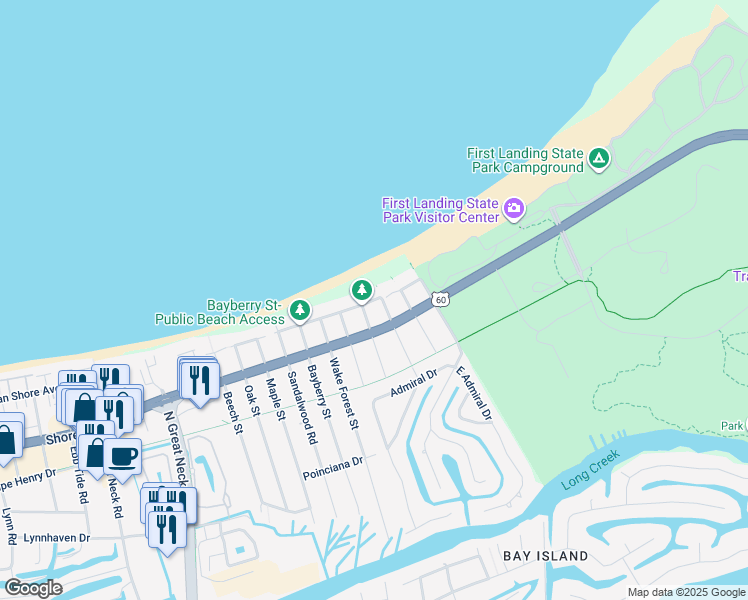 map of restaurants, bars, coffee shops, grocery stores, and more near 2605 Ocean Shore Avenue in Virginia Beach