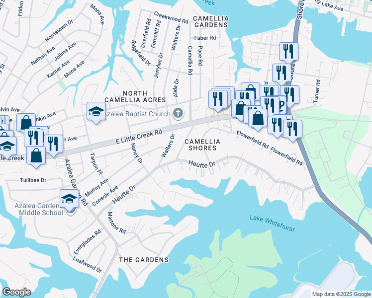 map of restaurants, bars, coffee shops, grocery stores, and more near 7822 Camellia Road in Norfolk