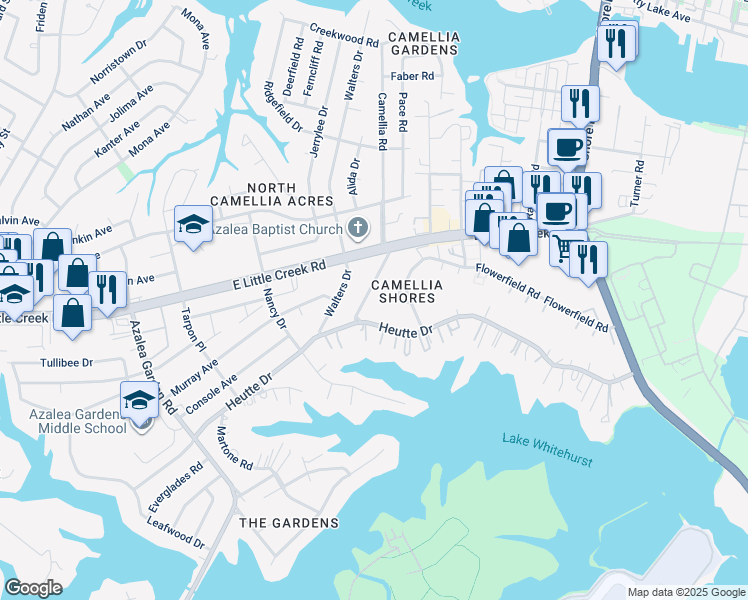 map of restaurants, bars, coffee shops, grocery stores, and more near 7822 Camellia Road in Norfolk