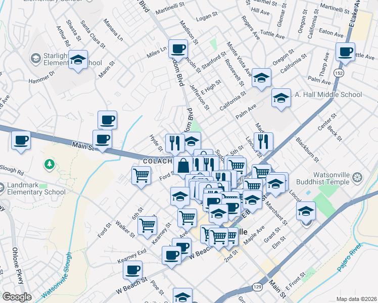 map of restaurants, bars, coffee shops, grocery stores, and more near 119 Brennan Street in Watsonville