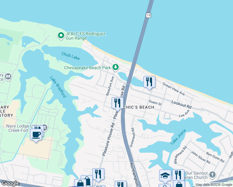 map of restaurants, bars, coffee shops, grocery stores, and more near 4812 Bel Air Lane in Virginia Beach