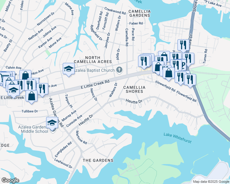 map of restaurants, bars, coffee shops, grocery stores, and more near 7801 Camellia Road in Norfolk