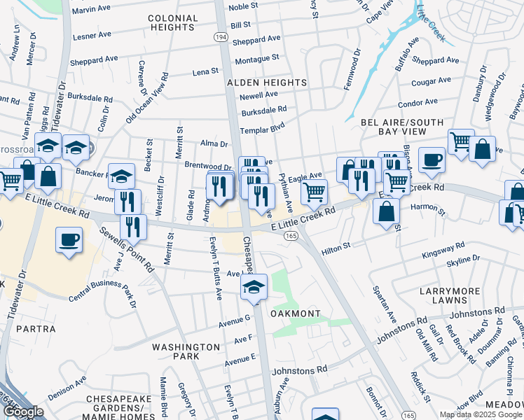 map of restaurants, bars, coffee shops, grocery stores, and more near 7921 Lion Avenue in Norfolk