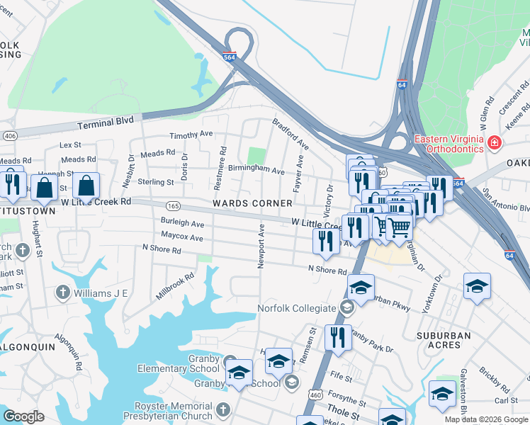 map of restaurants, bars, coffee shops, grocery stores, and more near 400 Burleigh Avenue in Norfolk