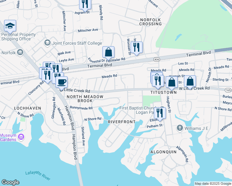 map of restaurants, bars, coffee shops, grocery stores, and more near 1405 Trouville Avenue in Norfolk