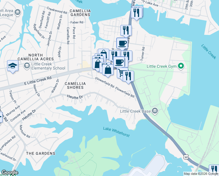 map of restaurants, bars, coffee shops, grocery stores, and more near 4024 Heutte Drive in Norfolk