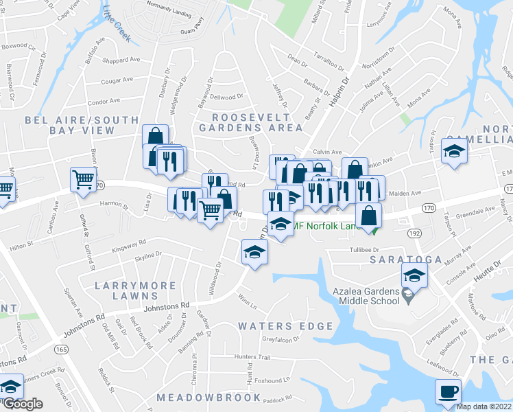 map of restaurants, bars, coffee shops, grocery stores, and more near 2222 Virginia 170 in Norfolk