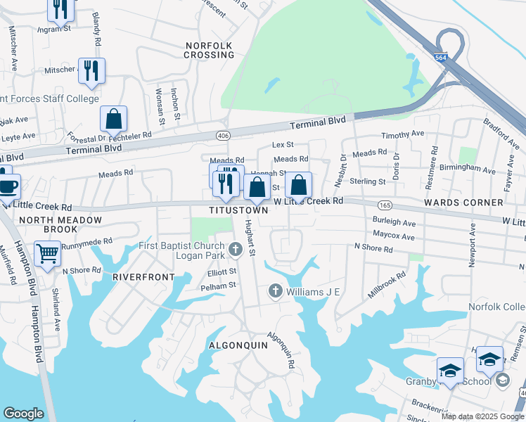 map of restaurants, bars, coffee shops, grocery stores, and more near 925 West Little Creek Road in Norfolk