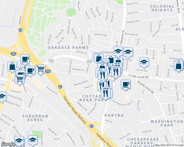 map of restaurants, bars, coffee shops, grocery stores, and more near 535 Draper Drive in Norfolk
