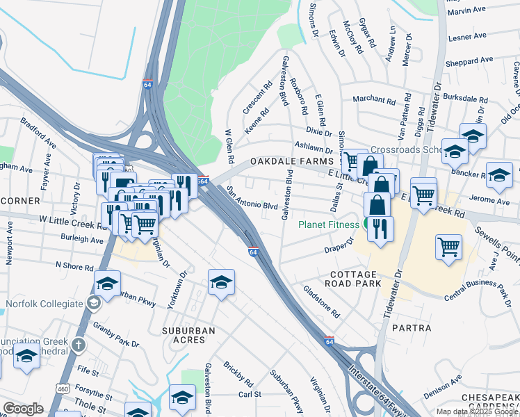 map of restaurants, bars, coffee shops, grocery stores, and more near 347 San Antonio Boulevard in Norfolk