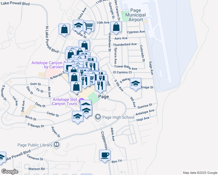 map of restaurants, bars, coffee shops, grocery stores, and more near 138 South 9th Avenue in Page