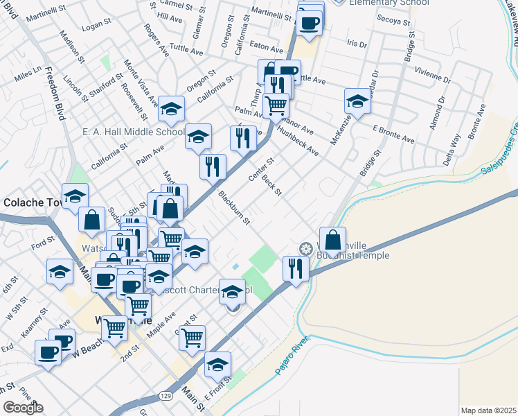 map of restaurants, bars, coffee shops, grocery stores, and more near 427 East Beach Street in Watsonville