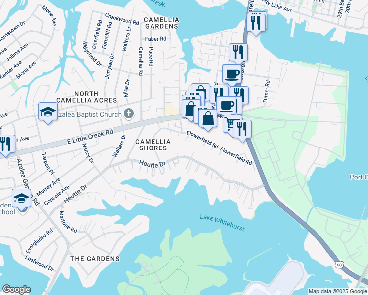 map of restaurants, bars, coffee shops, grocery stores, and more near 3855 Flowerfield Road in Norfolk