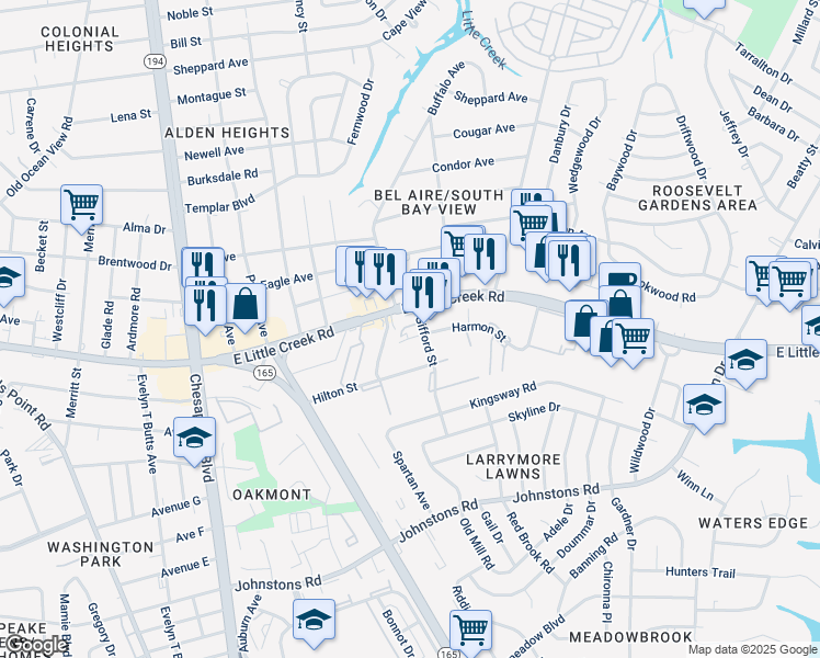 map of restaurants, bars, coffee shops, grocery stores, and more near 1511 East Little Creek Road in Norfolk