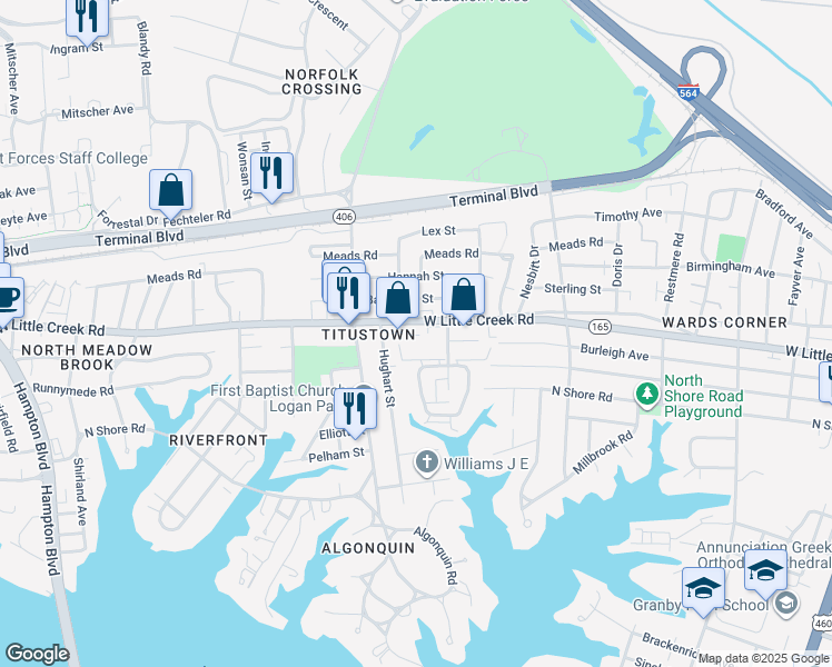 map of restaurants, bars, coffee shops, grocery stores, and more near 922 West Little Creek Road in Norfolk