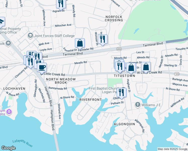 map of restaurants, bars, coffee shops, grocery stores, and more near 1401 West Little Creek Road in Norfolk