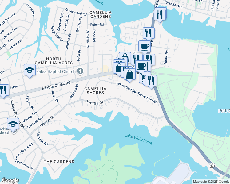 map of restaurants, bars, coffee shops, grocery stores, and more near 3855 Flowerfield Road in Norfolk