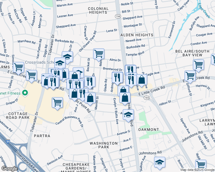 map of restaurants, bars, coffee shops, grocery stores, and more near 7943 Glade Road in Norfolk