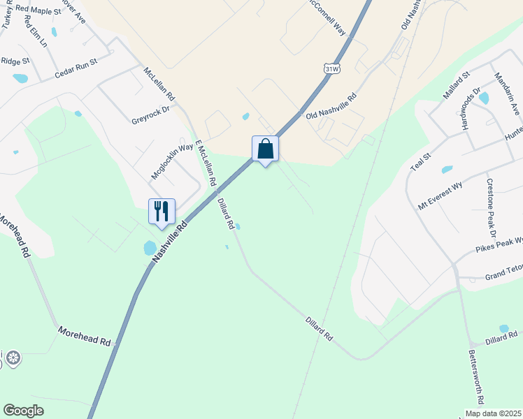 map of restaurants, bars, coffee shops, grocery stores, and more near 6698 Nashville Road in Bowling Green