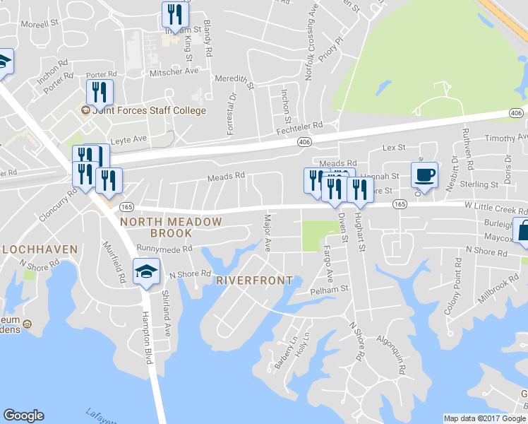 map of restaurants, bars, coffee shops, grocery stores, and more near 1401 West Little Creek Road in Norfolk