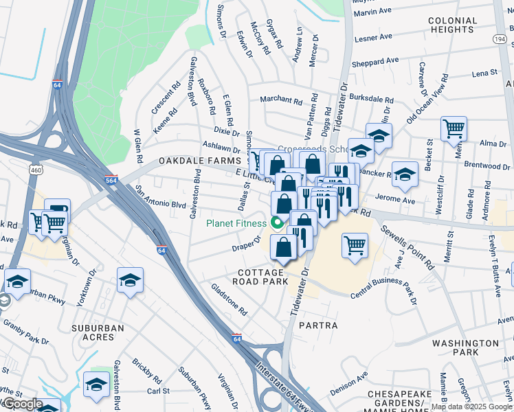 map of restaurants, bars, coffee shops, grocery stores, and more near 535 Draper Drive in Norfolk