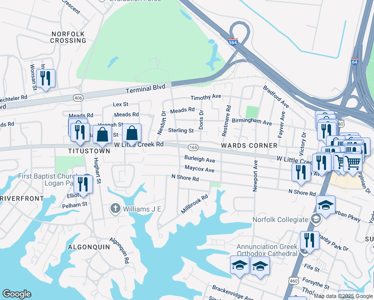 map of restaurants, bars, coffee shops, grocery stores, and more near 527 West Little Creek Road in Norfolk