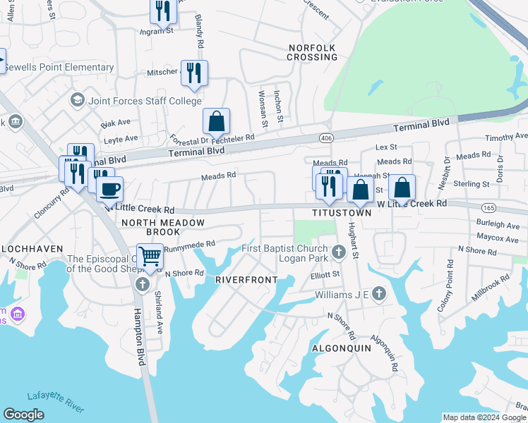 map of restaurants, bars, coffee shops, grocery stores, and more near 1335 West Little Creek Road in Norfolk