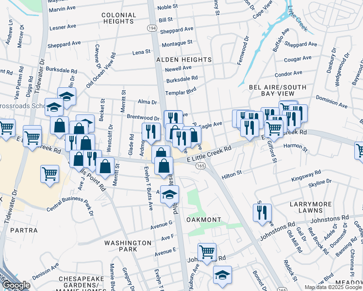 map of restaurants, bars, coffee shops, grocery stores, and more near 7921 Lion Avenue in Norfolk