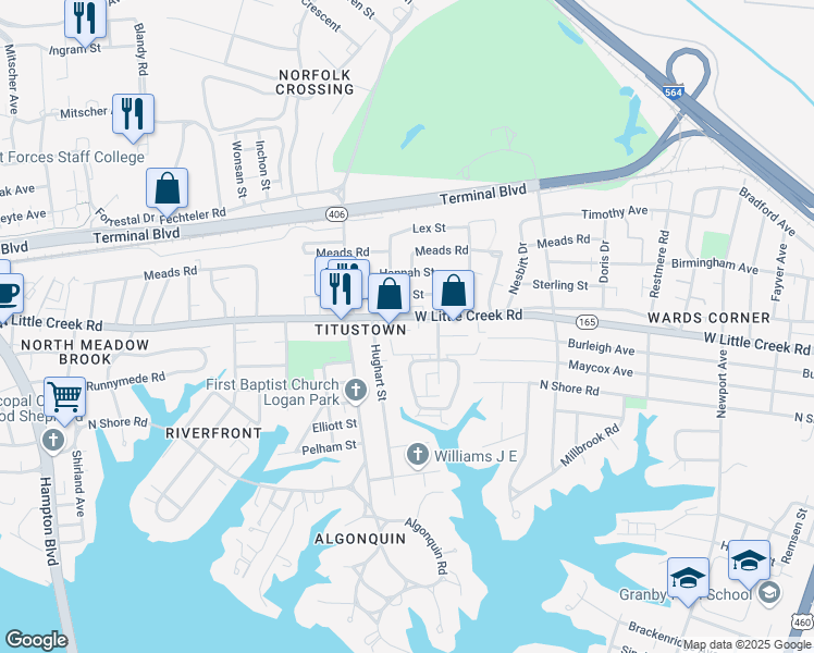 map of restaurants, bars, coffee shops, grocery stores, and more near 919 West Little Creek Road in Norfolk