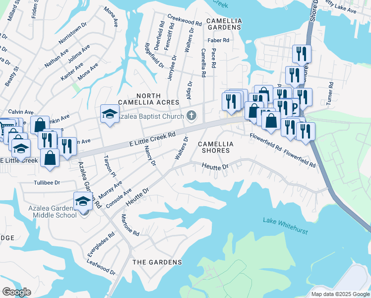 map of restaurants, bars, coffee shops, grocery stores, and more near 7825 Walters Drive in Norfolk