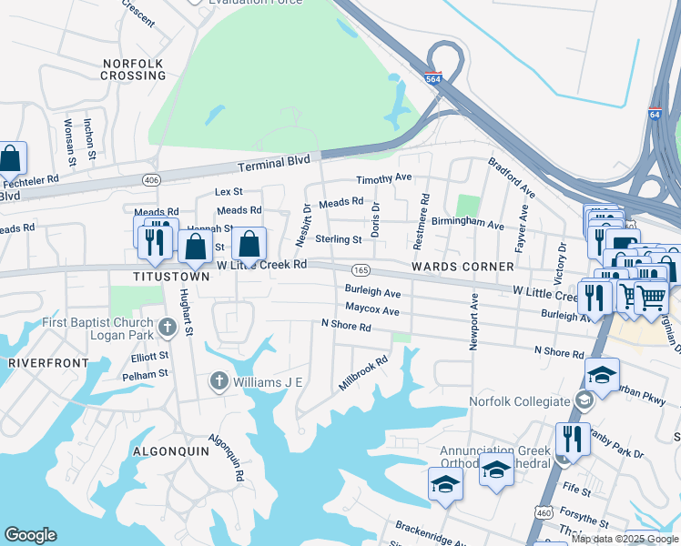 map of restaurants, bars, coffee shops, grocery stores, and more near 531 West Little Creek Road in Norfolk