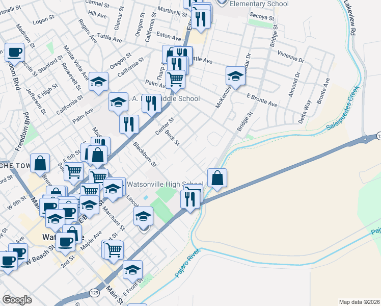 map of restaurants, bars, coffee shops, grocery stores, and more near 498 Beck Street in Watsonville