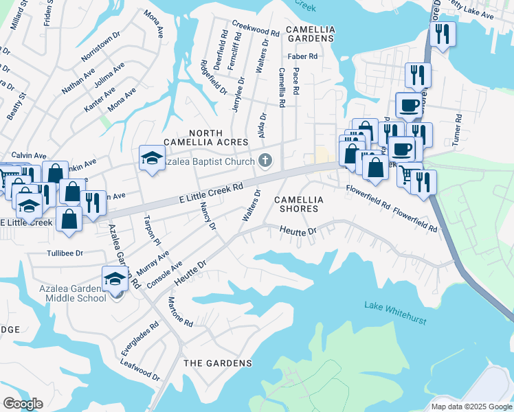 map of restaurants, bars, coffee shops, grocery stores, and more near 7825 Walters Drive in Norfolk