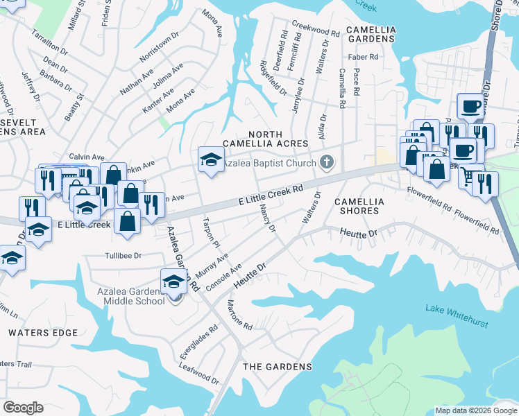 map of restaurants, bars, coffee shops, grocery stores, and more near 2901 East Little Creek Road in Norfolk