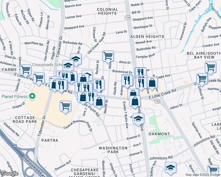 map of restaurants, bars, coffee shops, grocery stores, and more near 7943 Glade Road in Norfolk
