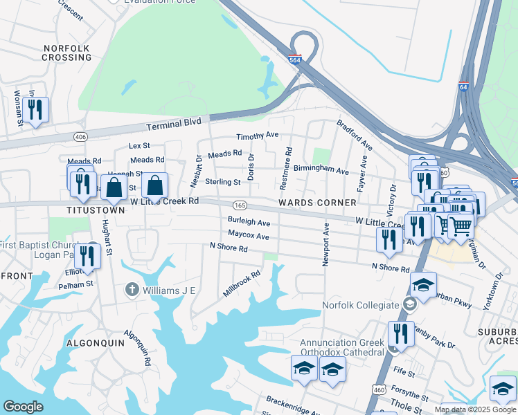 map of restaurants, bars, coffee shops, grocery stores, and more near 520 Grantham Road in Norfolk