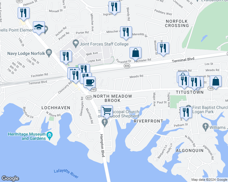 map of restaurants, bars, coffee shops, grocery stores, and more near 7700 North Shirland Avenue in Norfolk