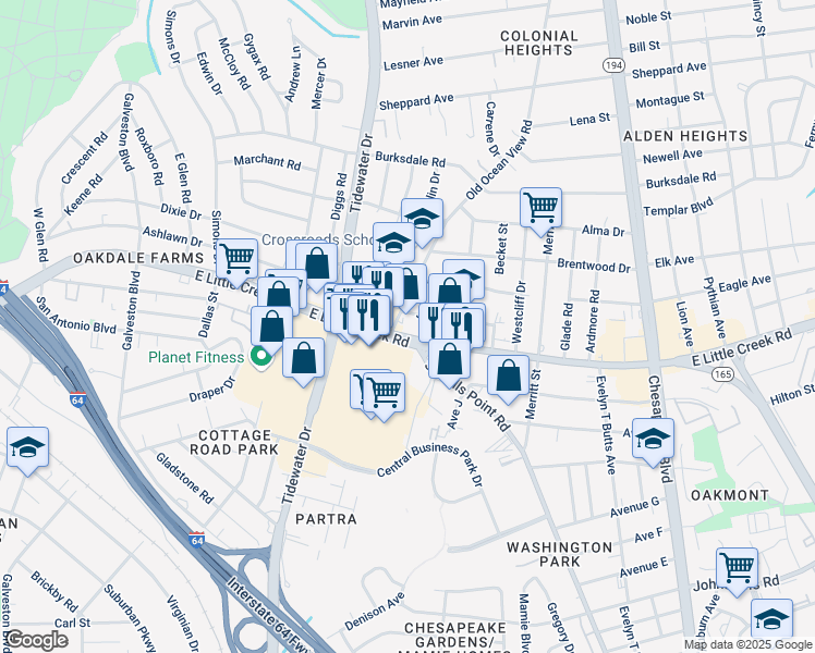map of restaurants, bars, coffee shops, grocery stores, and more near 7924 Old Ocean View Road in Norfolk
