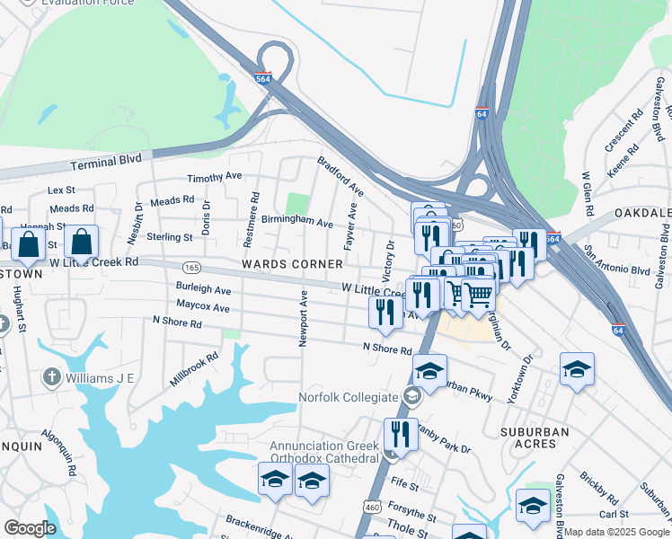 map of restaurants, bars, coffee shops, grocery stores, and more near 325 Sterling Street in Norfolk
