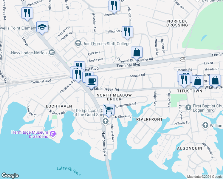 map of restaurants, bars, coffee shops, grocery stores, and more near 7705 Shirland Avenue in Norfolk