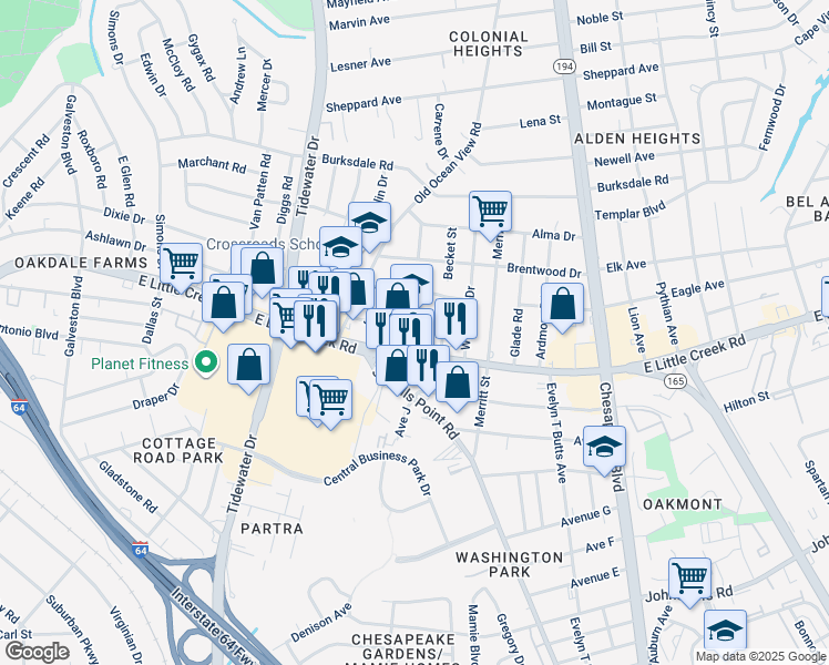 map of restaurants, bars, coffee shops, grocery stores, and more near 844 Jerome Avenue in Norfolk