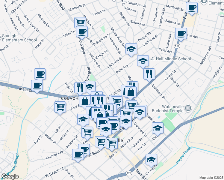 map of restaurants, bars, coffee shops, grocery stores, and more near 120 Jefferson Street in Watsonville