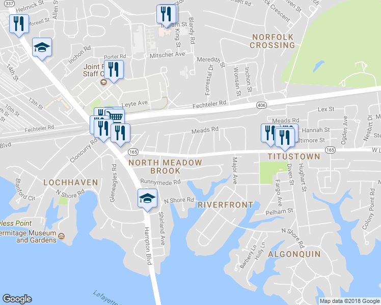 map of restaurants, bars, coffee shops, grocery stores, and more near 7700 Cortlandt Place in Norfolk