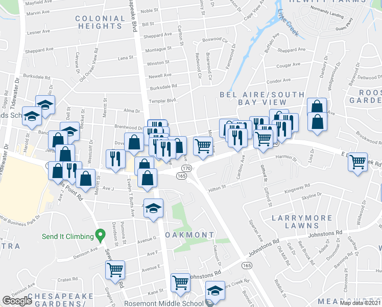 map of restaurants, bars, coffee shops, grocery stores, and more near 7920 Pythian Avenue in Norfolk
