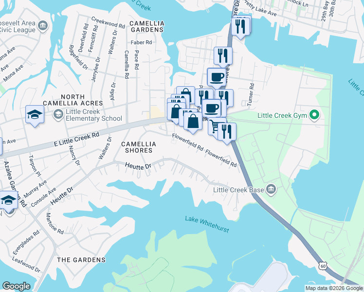 map of restaurants, bars, coffee shops, grocery stores, and more near 3857 Flowerfield Road in Norfolk
