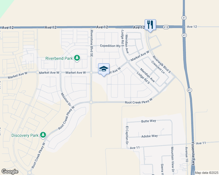 map of restaurants, bars, coffee shops, grocery stores, and more near 622 Mesa Drive in Madera