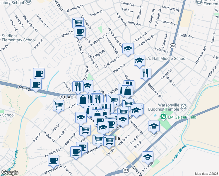 map of restaurants, bars, coffee shops, grocery stores, and more near 120 Jefferson Street in Watsonville