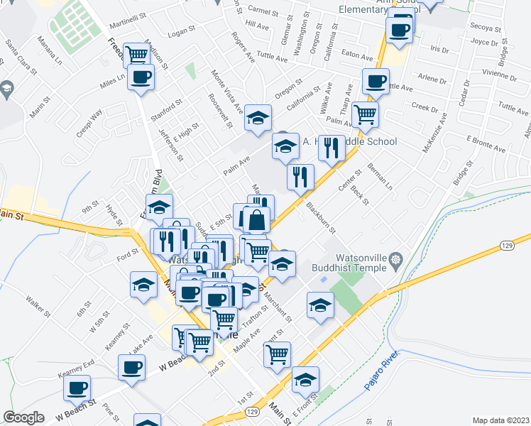 map of restaurants, bars, coffee shops, grocery stores, and more near 27 Madison Street in Watsonville