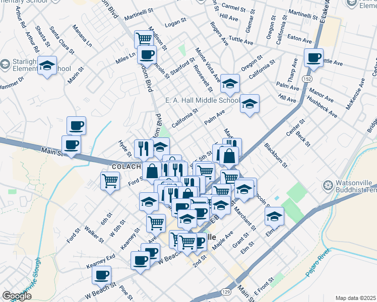 map of restaurants, bars, coffee shops, grocery stores, and more near 140 Sudden Street in Watsonville